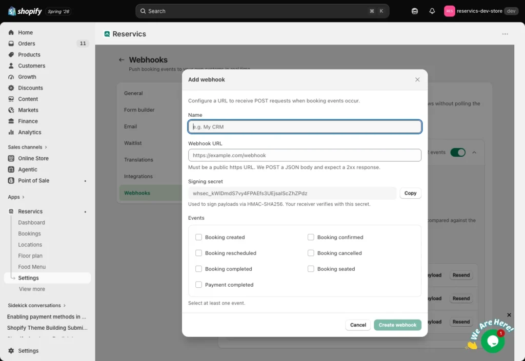 Reservics Webhook