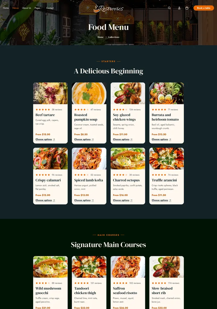 The Restrovics Food menu page