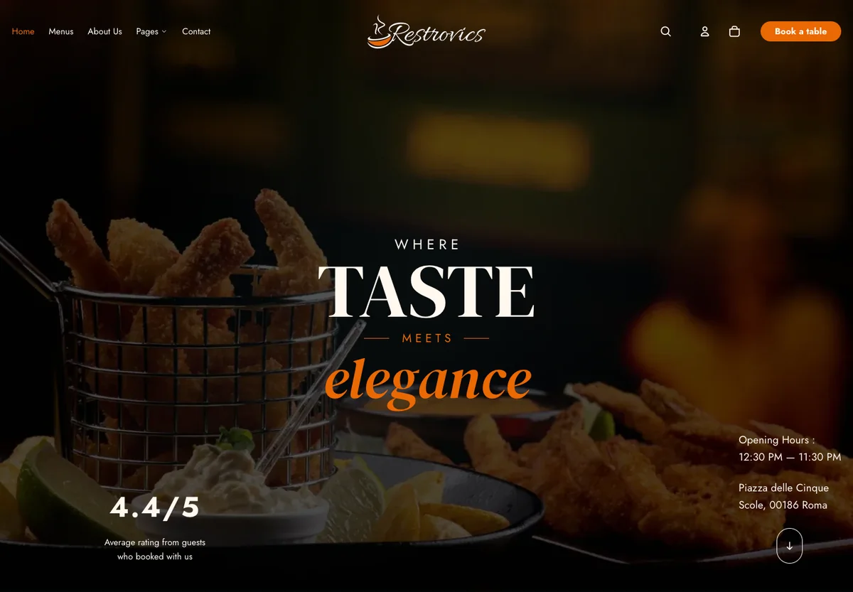 The Restrovics home page on a desktop: a dark hero reading Where taste meets elegance, with a guest rating, opening hours and address over a plated dish