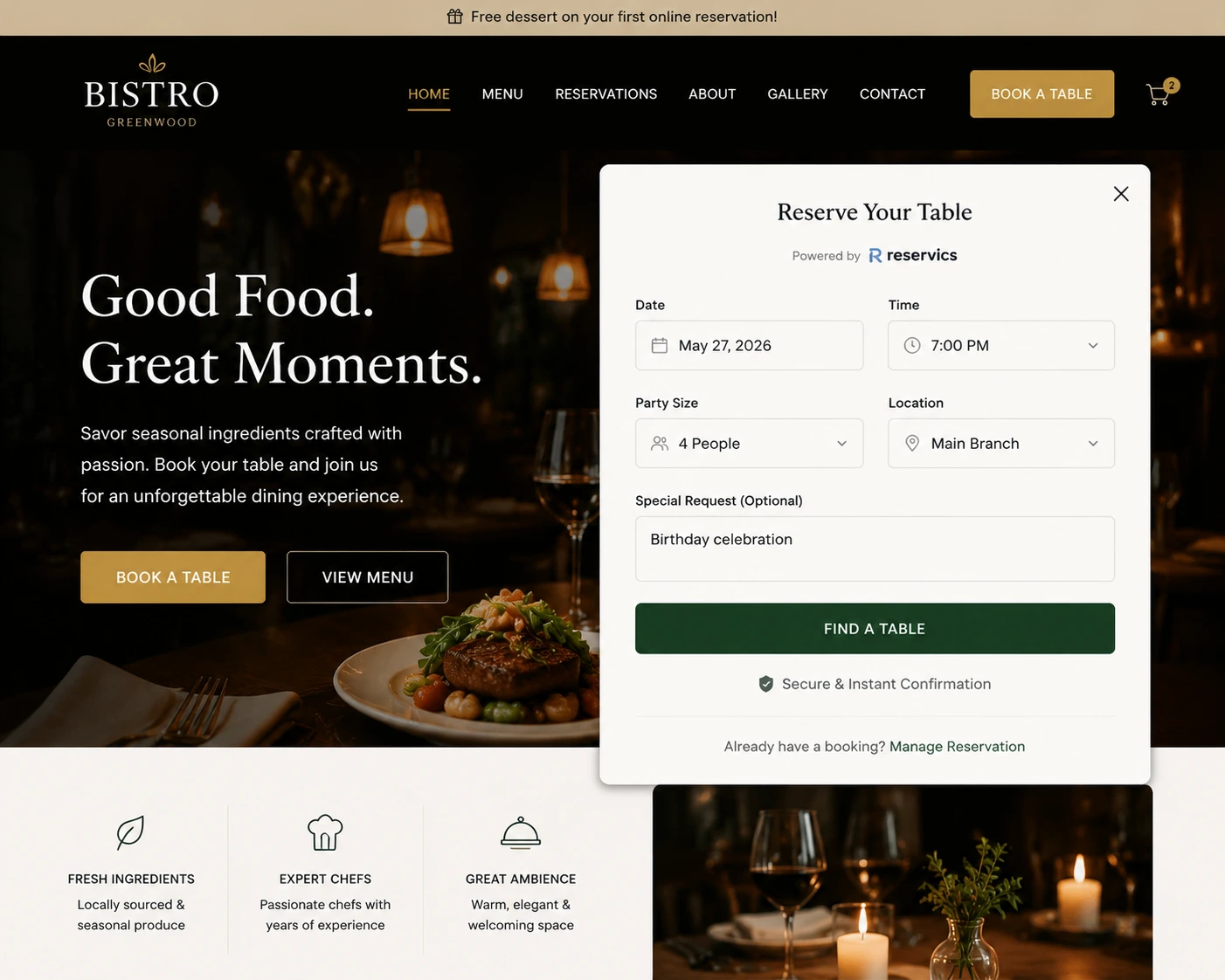 Reservics table reservation widget on a Shopify restaurant website