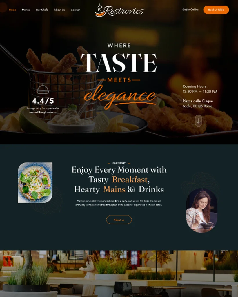 Restrovics restaurant Shopify theme home page with digital menu board on desktop and mobile