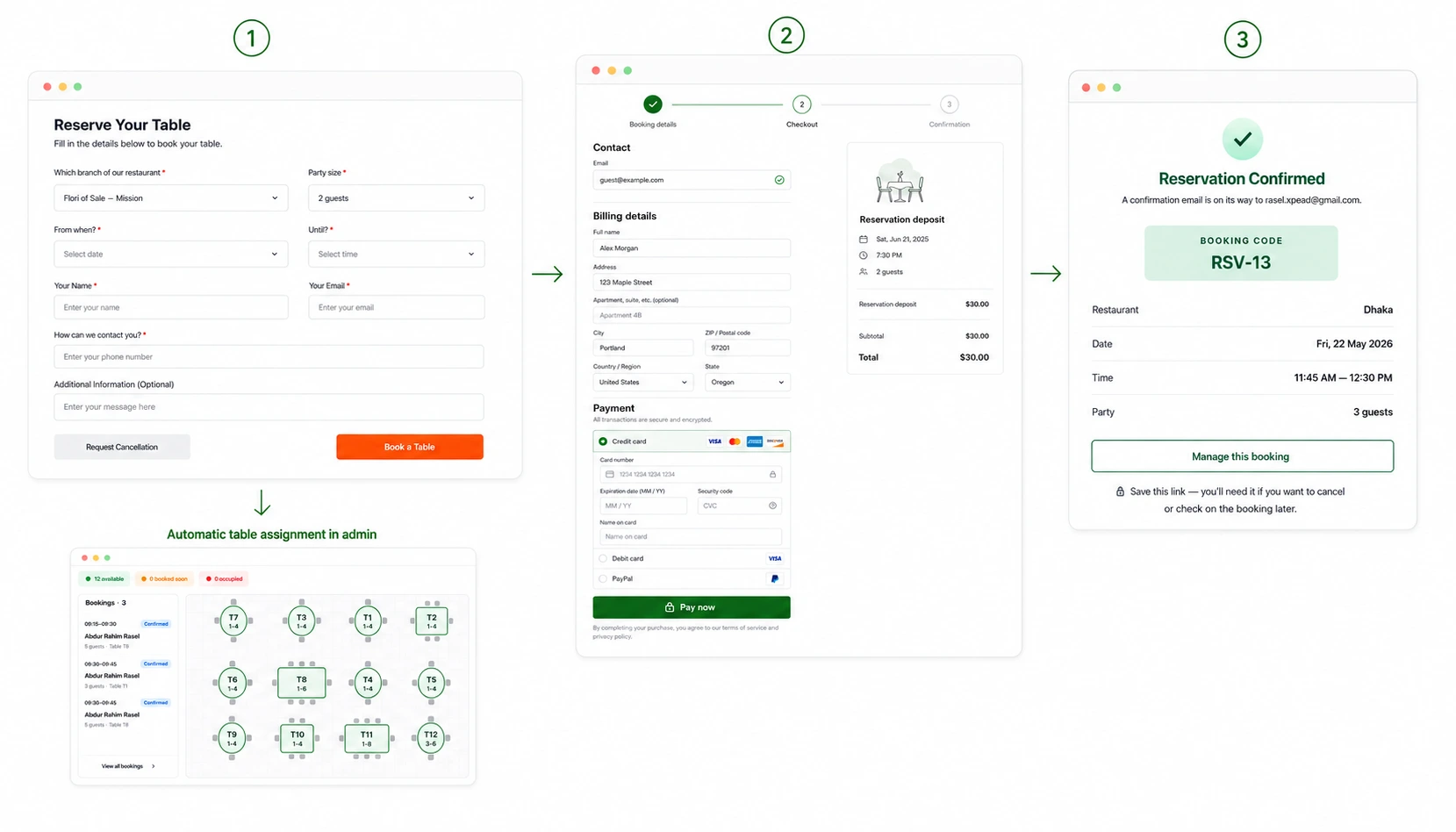 Reservics booking flow, the best restaurant reservation app for Shopify, showing a deposit-based table reservation and confirmation