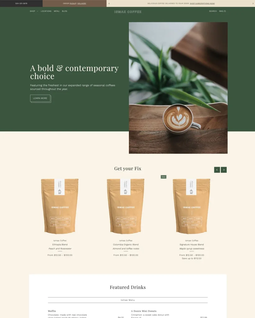 Foodie Shopify theme homepage for food and coffee ecommerce brands
