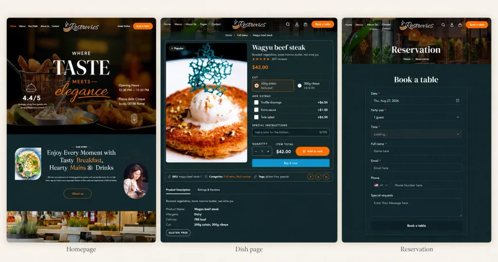 Restrovics Shopify restaurant theme showing a tabbed digital menu board with course sections
