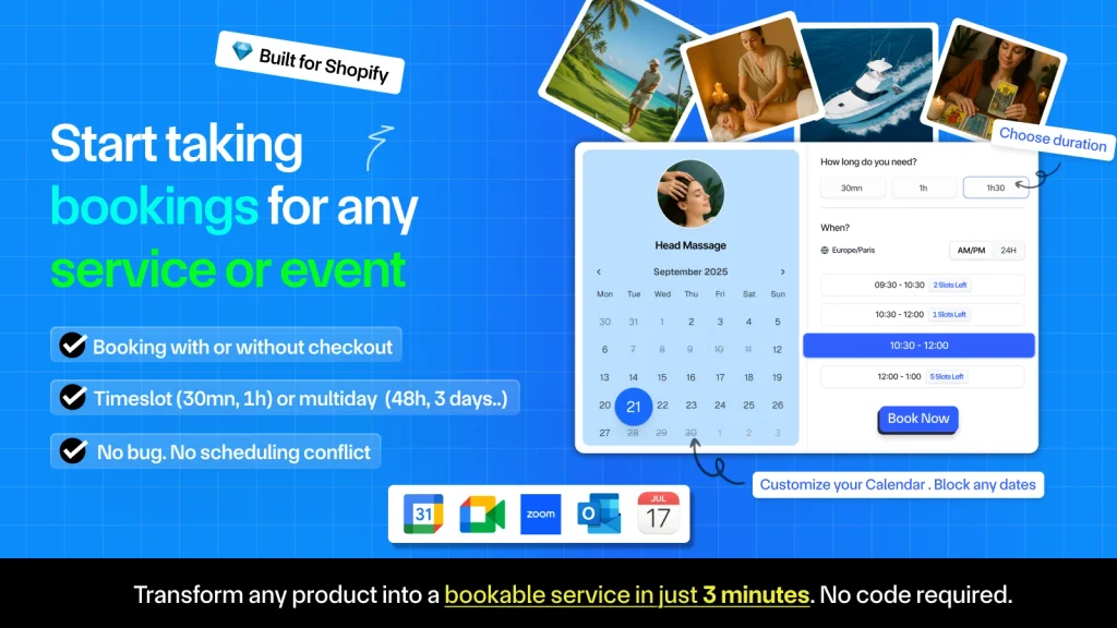 Cowlendar booking calendar displayed on a Shopify store
