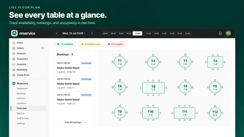 Reservics restaurant floor plan showing reserved and available tables inside Shopify