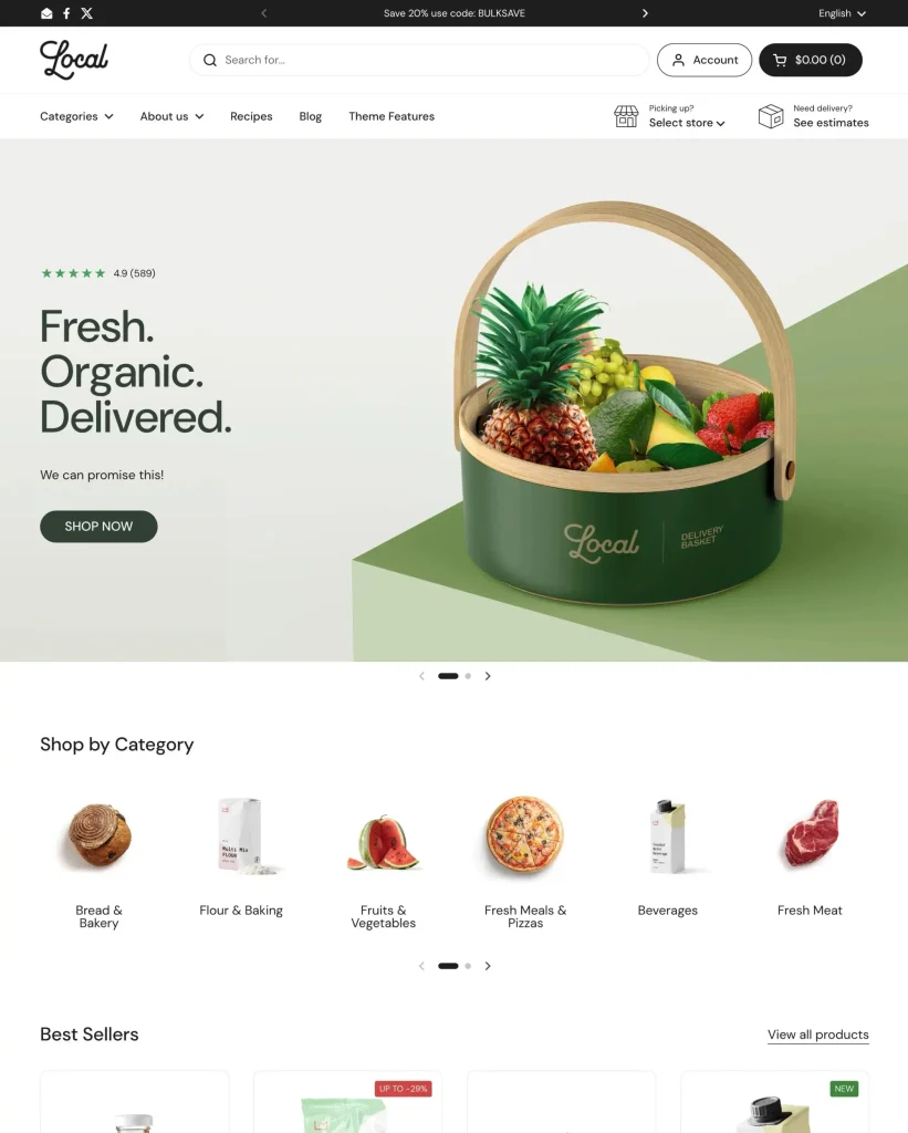 Local Shopify theme homepage for restaurants that also sell retail and packaged food