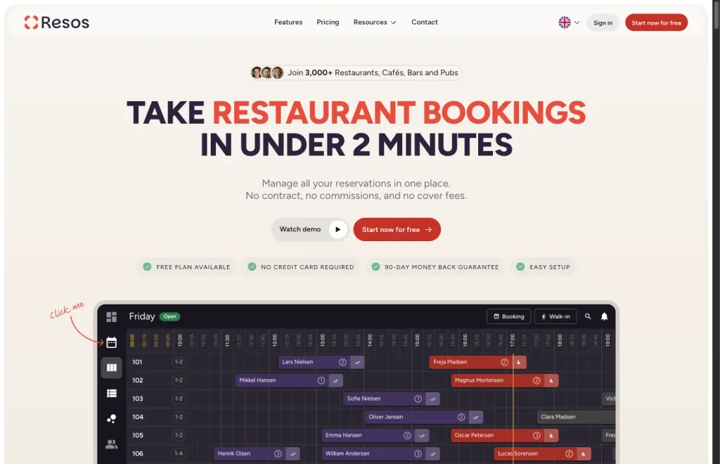 Resos restaurant booking interface showing table reservation options