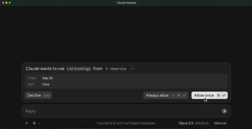 Claude Desktop asking for approval before using the Reservics List bookings tool