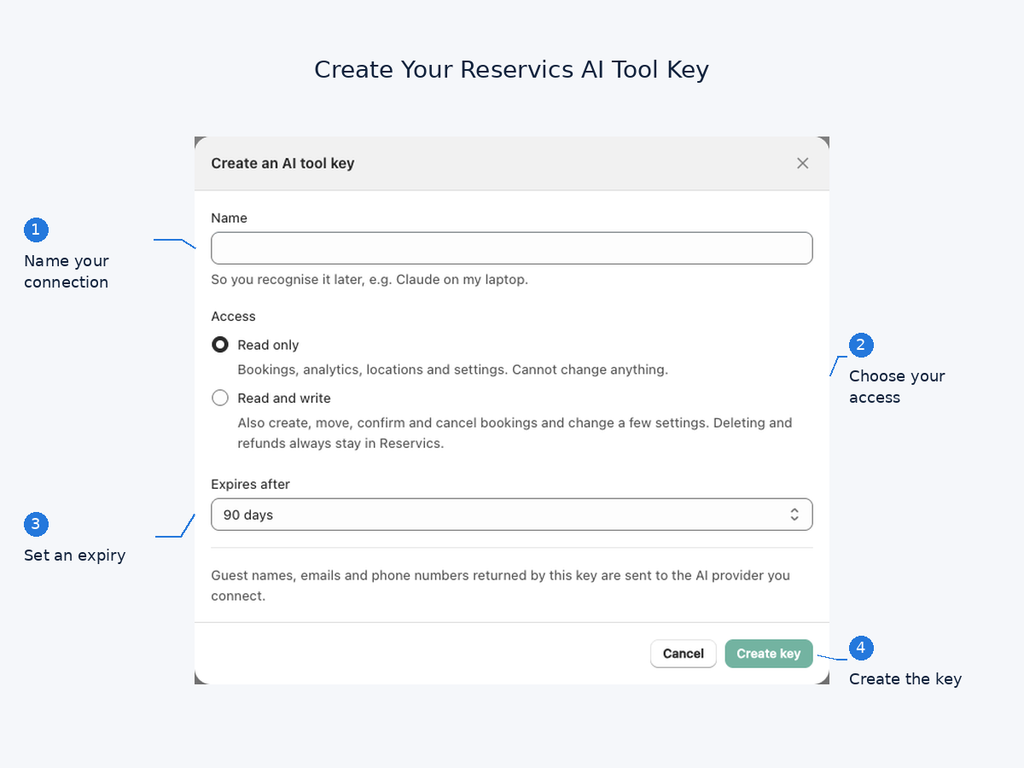 Reservics Create an AI tool key form with name, access level and expiry fields